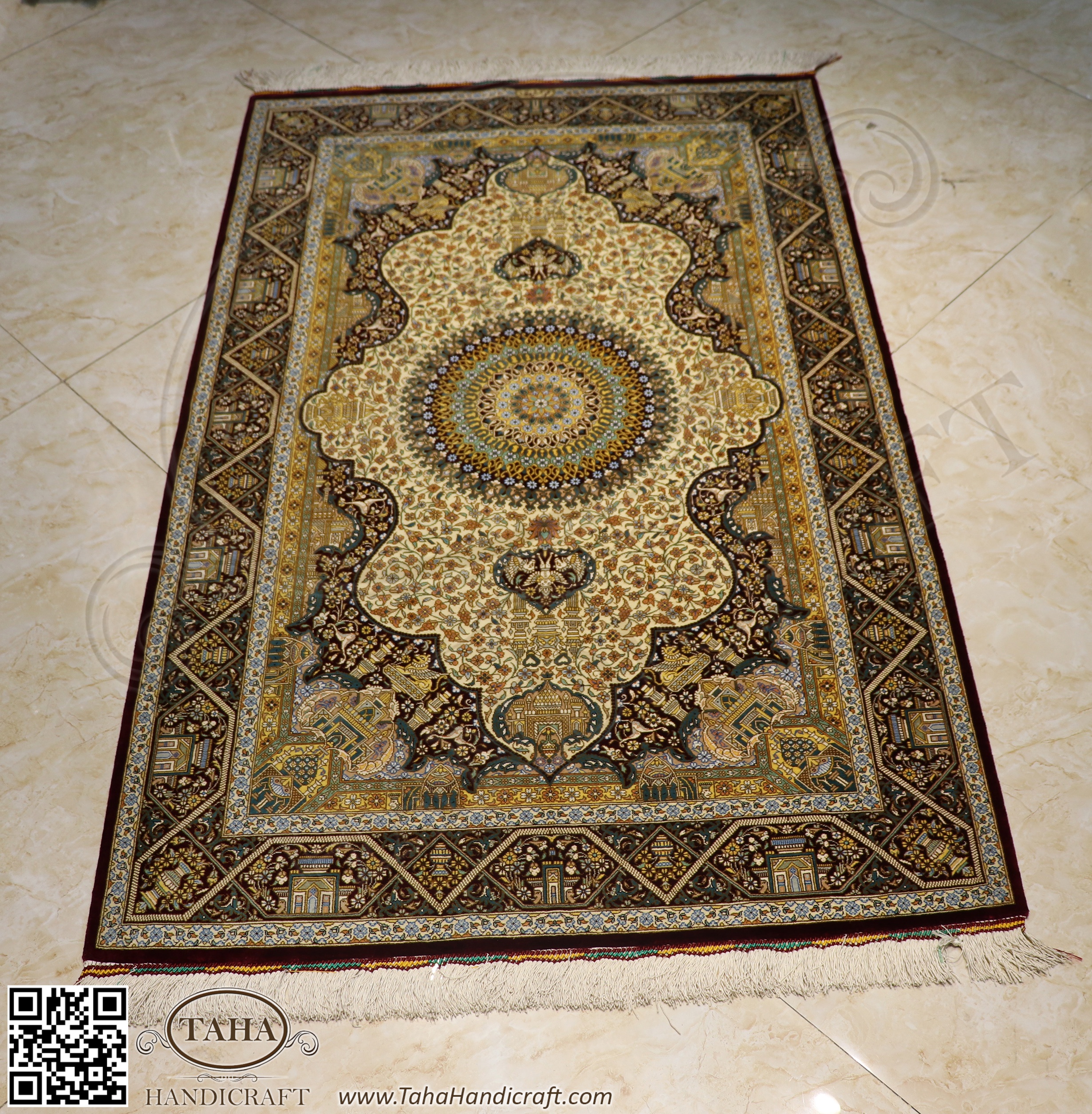 Iranian Rugs, Complete Silk Carpet Lachak Toranj, 154*100 cm, Cream